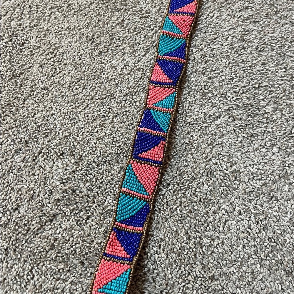 Vegan Leather Vibrant Turquoise Navy Coral and Bronze Beaded tie belt 64 inches - Picture 11 of 16